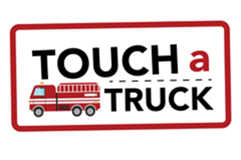 Touch a Truck graphic with a fire truck in red 